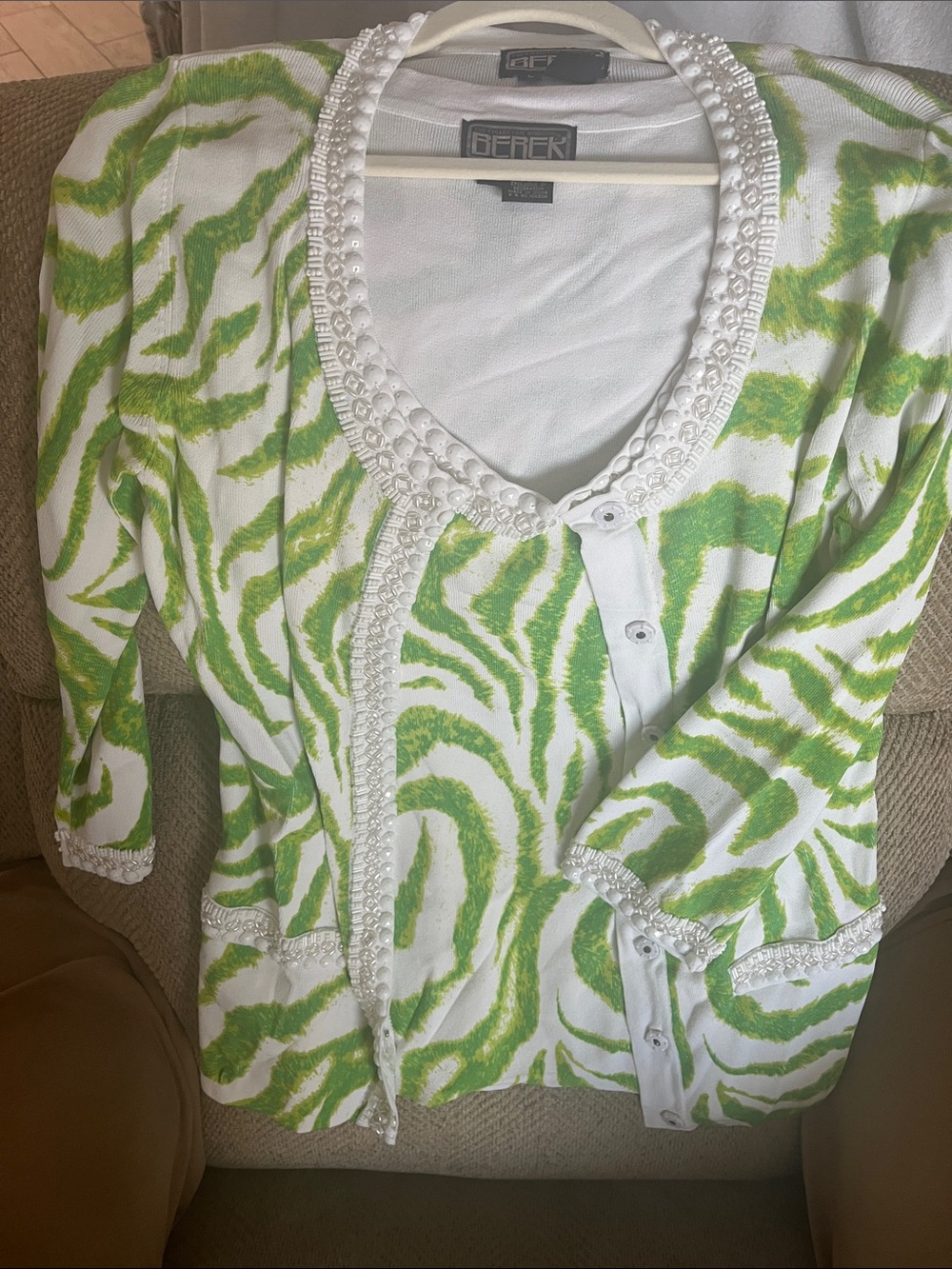 berek White and Lime Green Zebra-Print Cardigan and tank with Beaded Trim